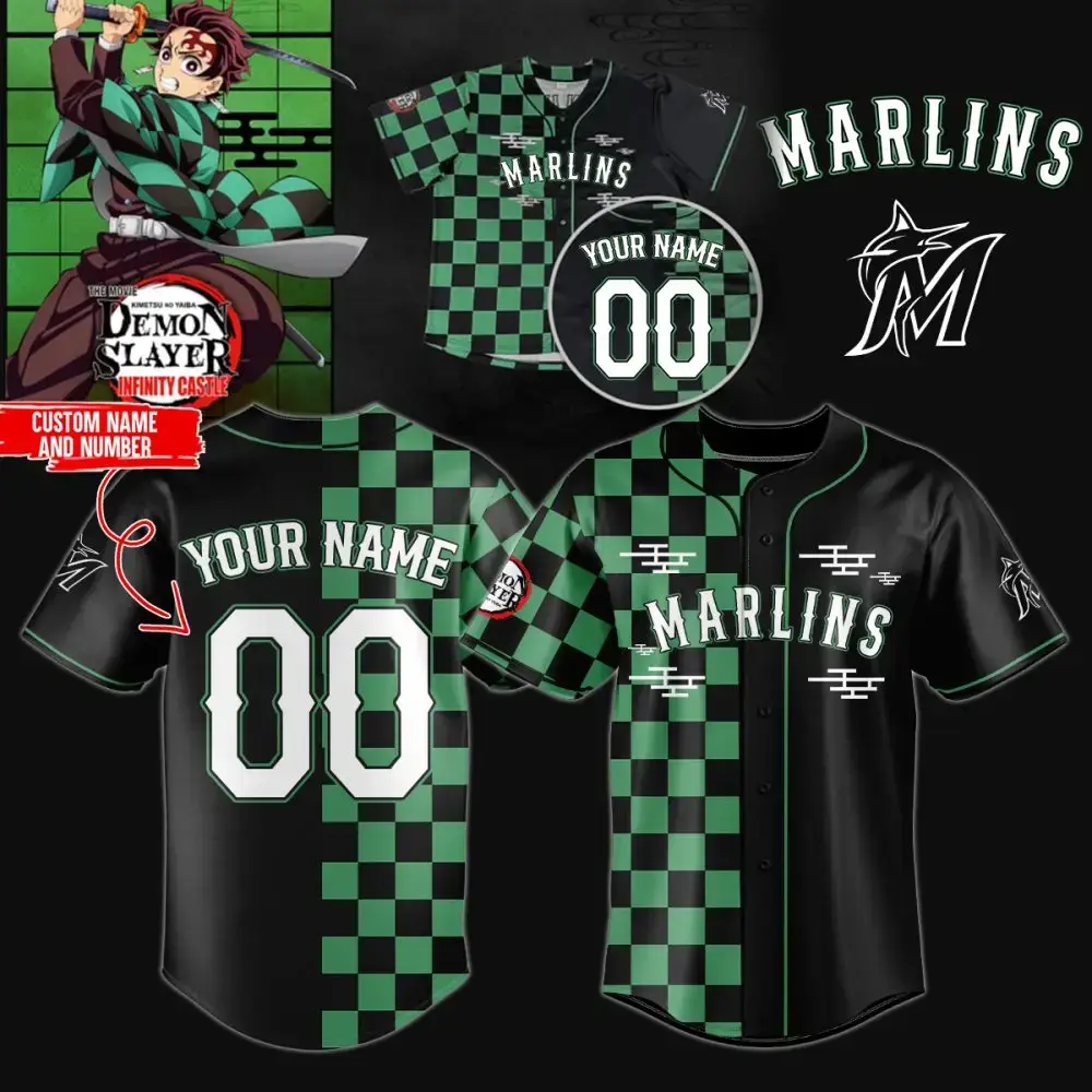Custom Demon Slayer Marlins Baseball Jersey - Personalized Name & Number Image