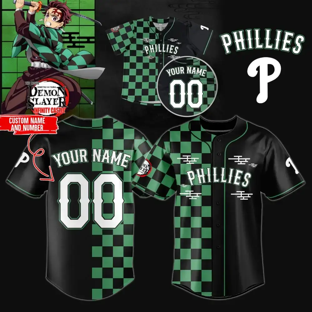 Custom Demon Slayer Phillies Jersey - Personalized Name & Number Baseball Shirt Image