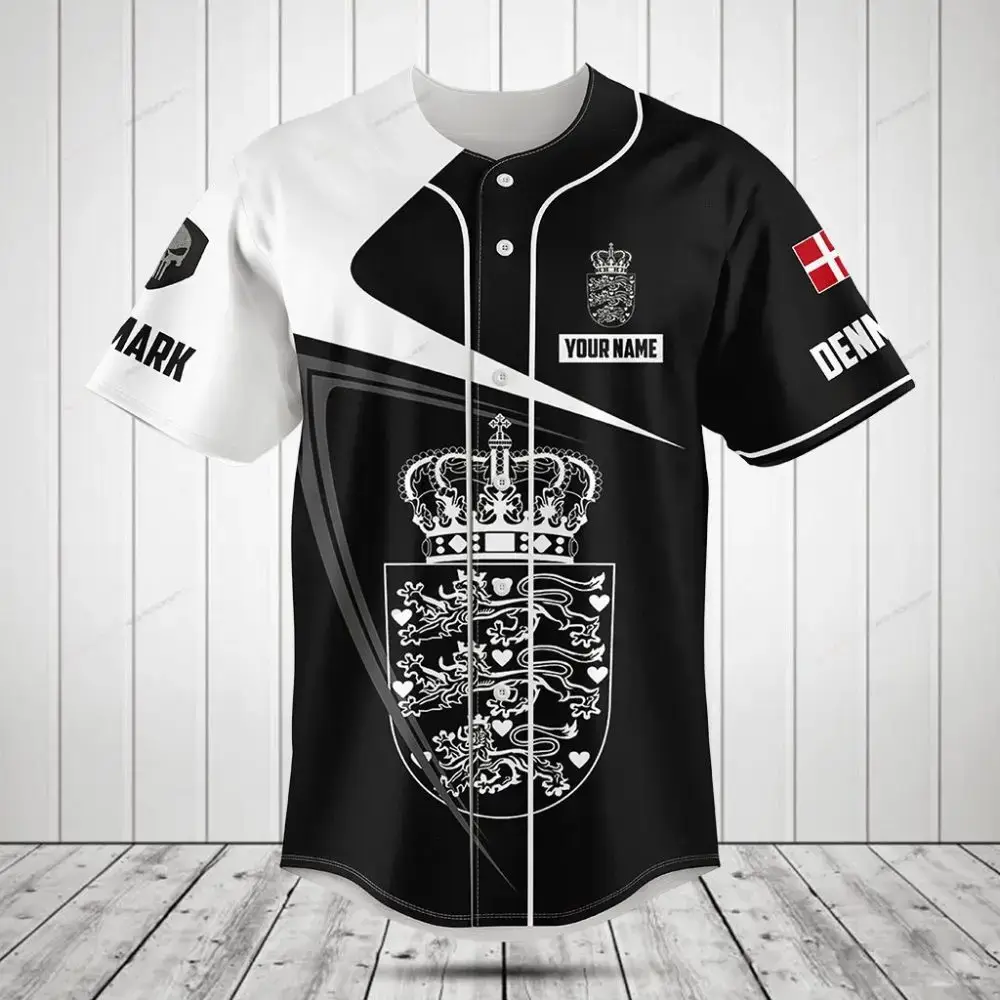 Custom Denmark Baseball Jersey – Personalized Name & Number, Stylish Black & White Design Image
