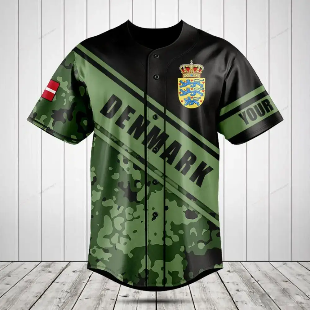 Custom Denmark Baseball Jersey - Camo Design, Personalized Sportswear, Lightweight, Breathable, Unisex Image