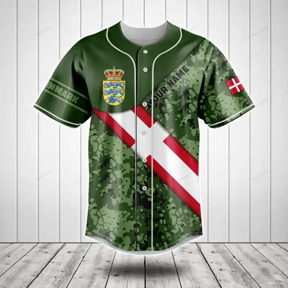 Custom Denmark Flag Camo Baseball Jersey - Personalized Name & Crest Image