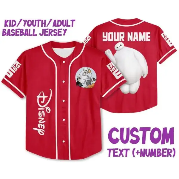 Custom Disney Baseball Jersey - Kids/Youth/Adult - Add Your Name & Number - Red Baymax Design Image