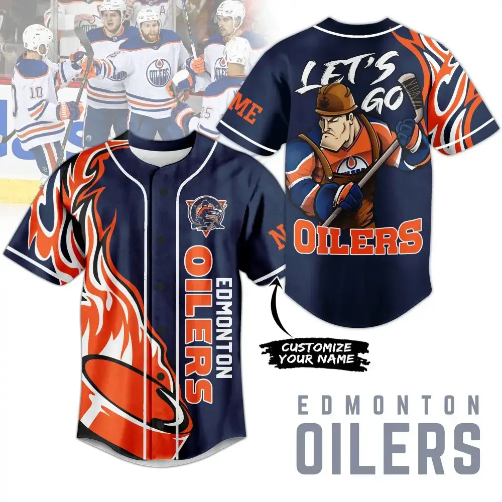 Custom Edmonton Oilers Baseball Jersey - Personalized Fan Gear With Flames Design Image