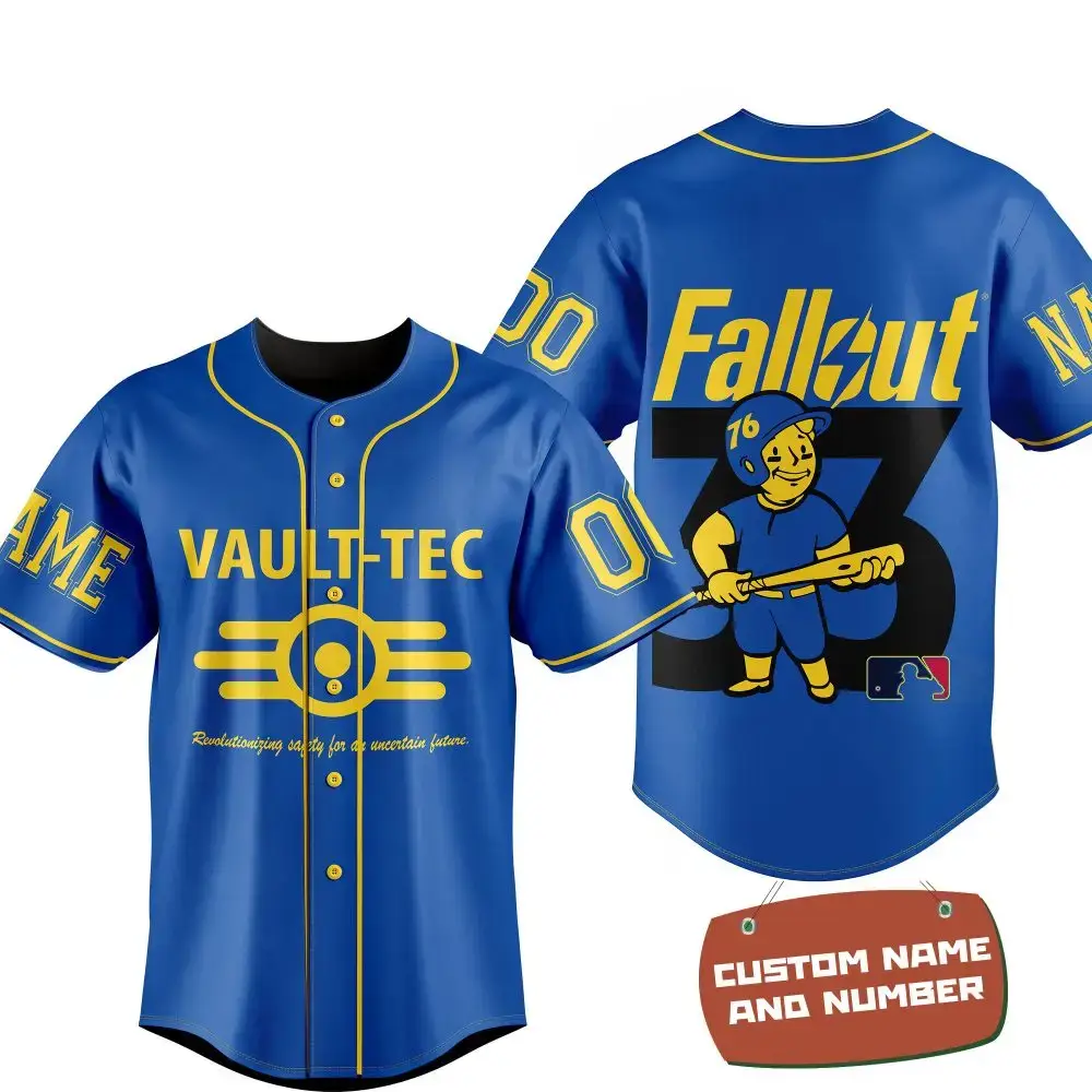 Custom Fallout Baseball Jersey - Vault-Tec Design - Personalized Name & Number - Perfect Gift For Gamers! Image