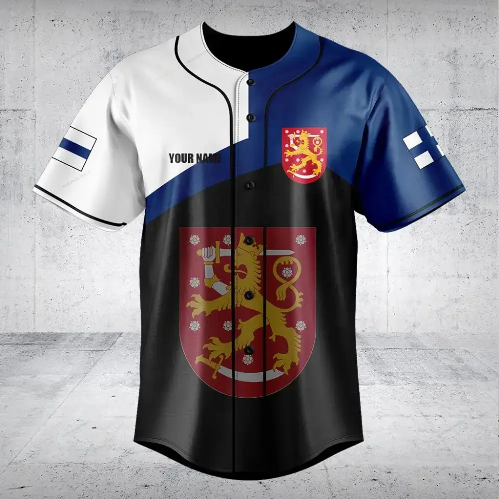 Custom Finnish Flag Baseball Jersey – Personalized Team Sportswear With Lion Emblem Image