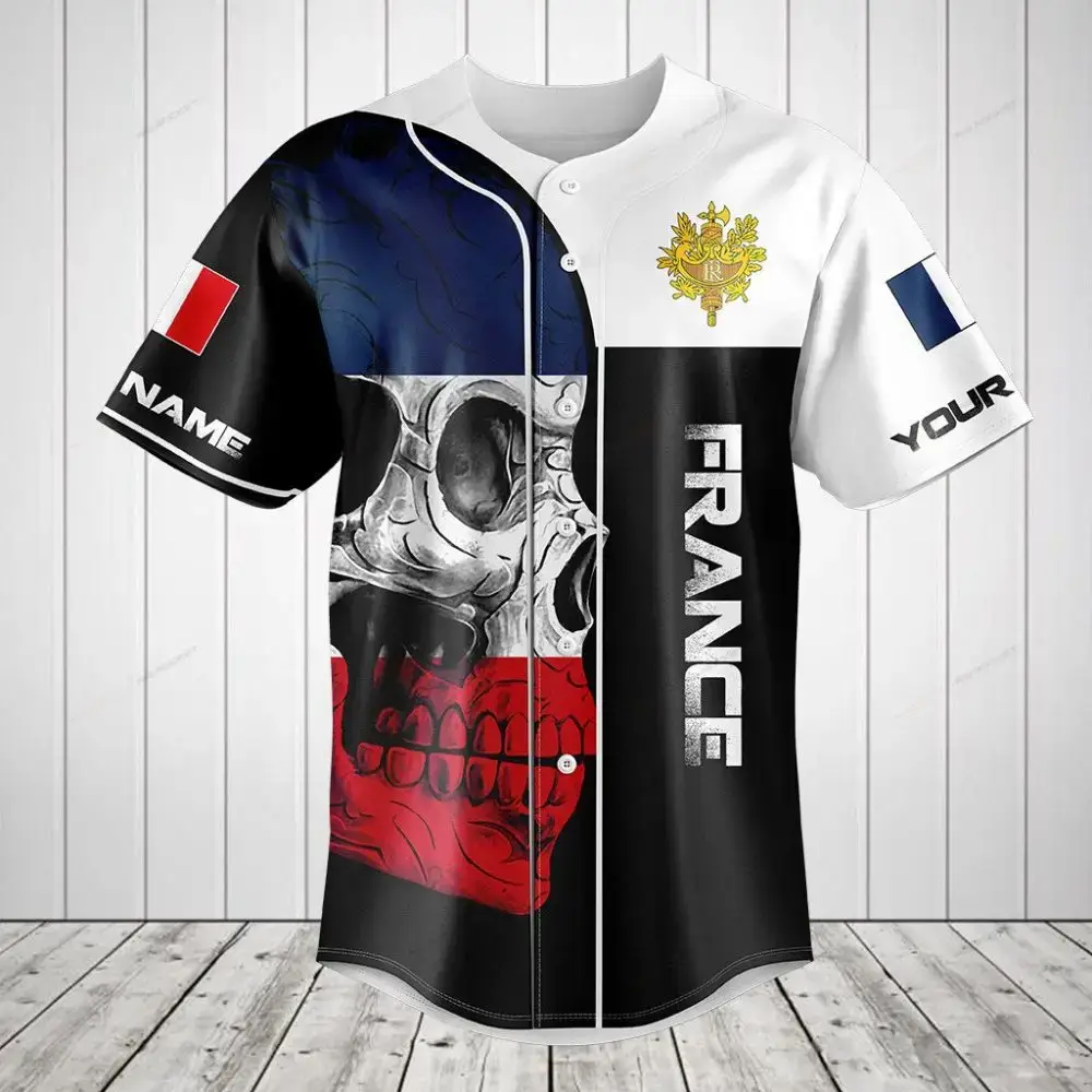 Custom France Skull Flag Baseball Jersey – Personalized Name & Number, Unique Design Image