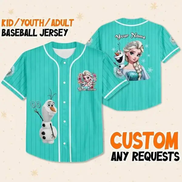 Custom Frozen Baseball Jersey - Personalized Kids/Youth/Adult Sizes - Olaf & Elsa Design Image