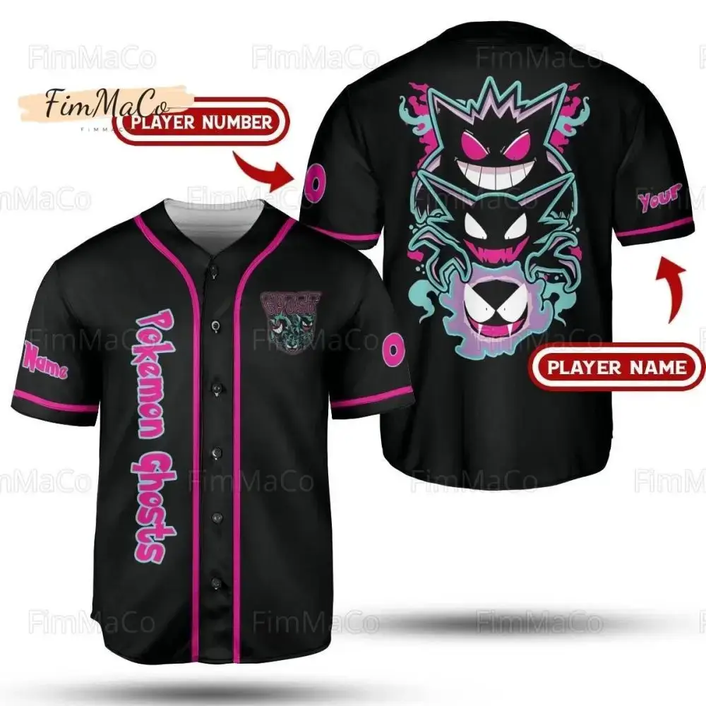 Custom Ghost Pokémon Baseball Jersey - Personalized Name & Number, Stylish Fan Apparel Image