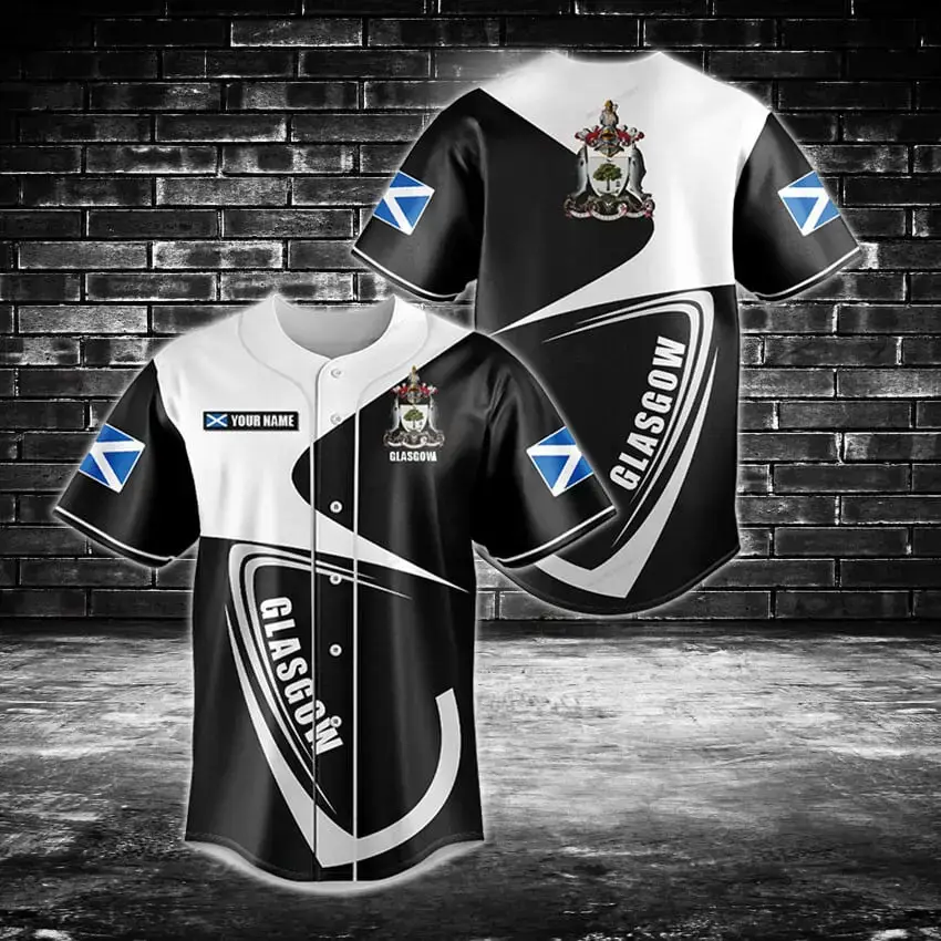 Custom Glasgow Baseball Jersey – Stylish Black & White Design With Scottish Flag Image