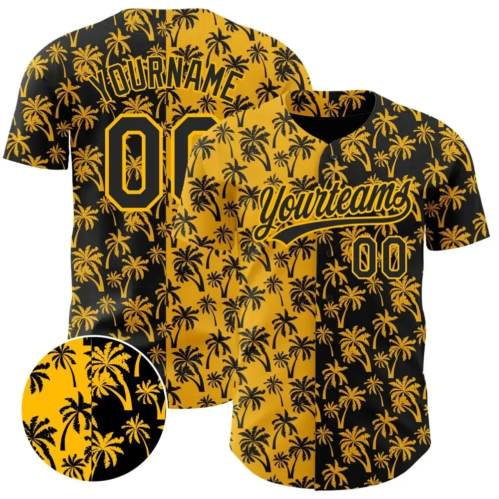 Custom Gold Black 3D Pattern Design Tropical Hawaii Palm Trees Authentic Baseball Jersey Image