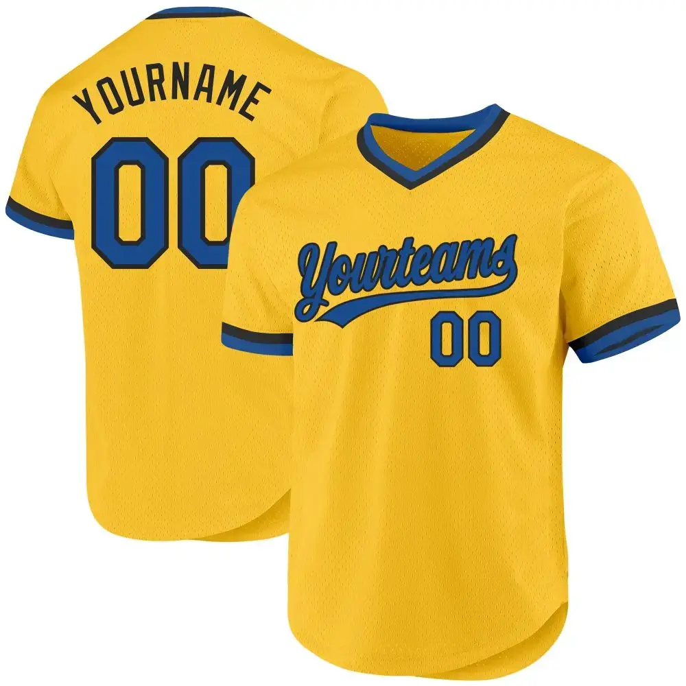 Custom Gold Blue-Black Authentic Throwback Baseball Jersey Image