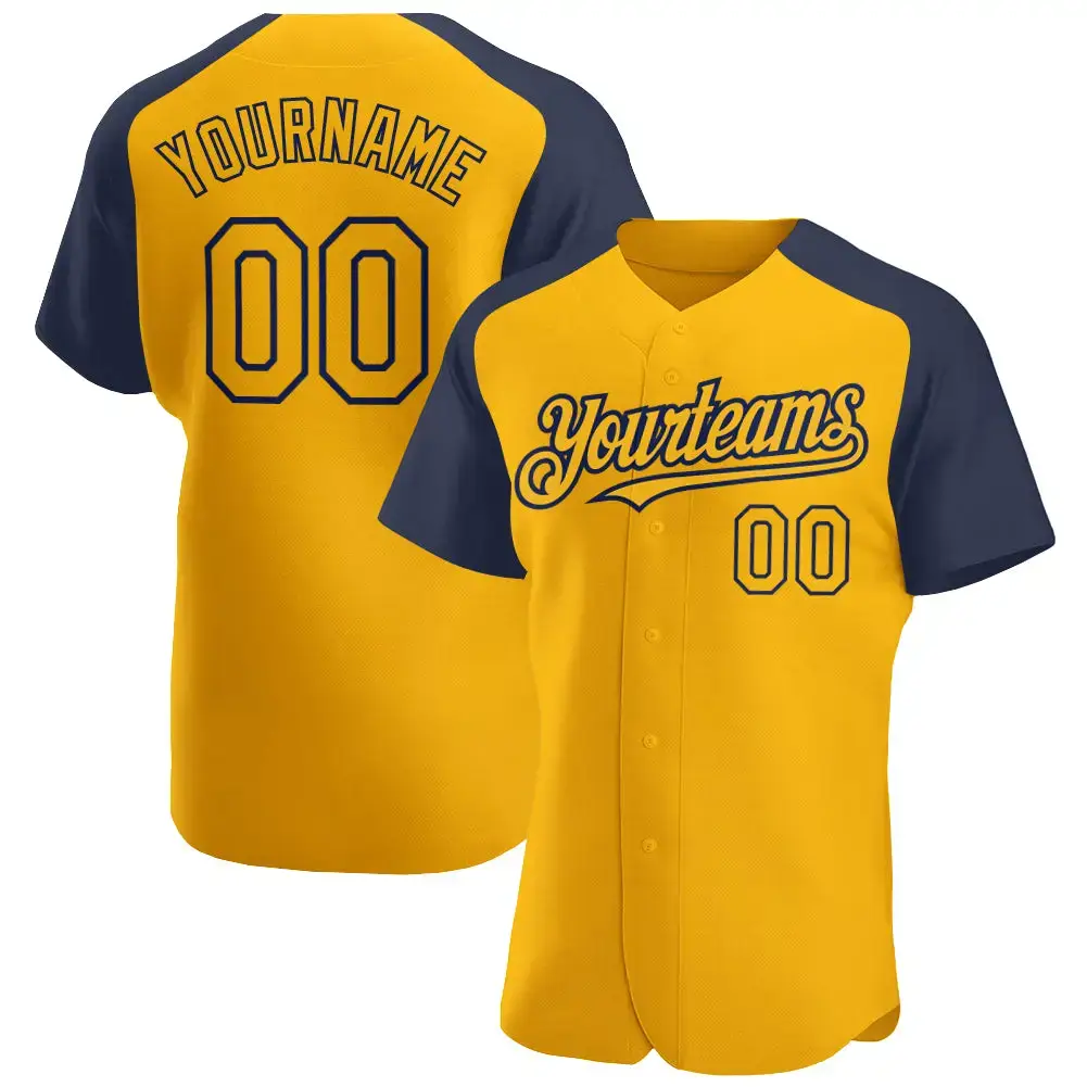 Custom Gold Navy Authentic Raglan Sleeves Baseball Jersey Image