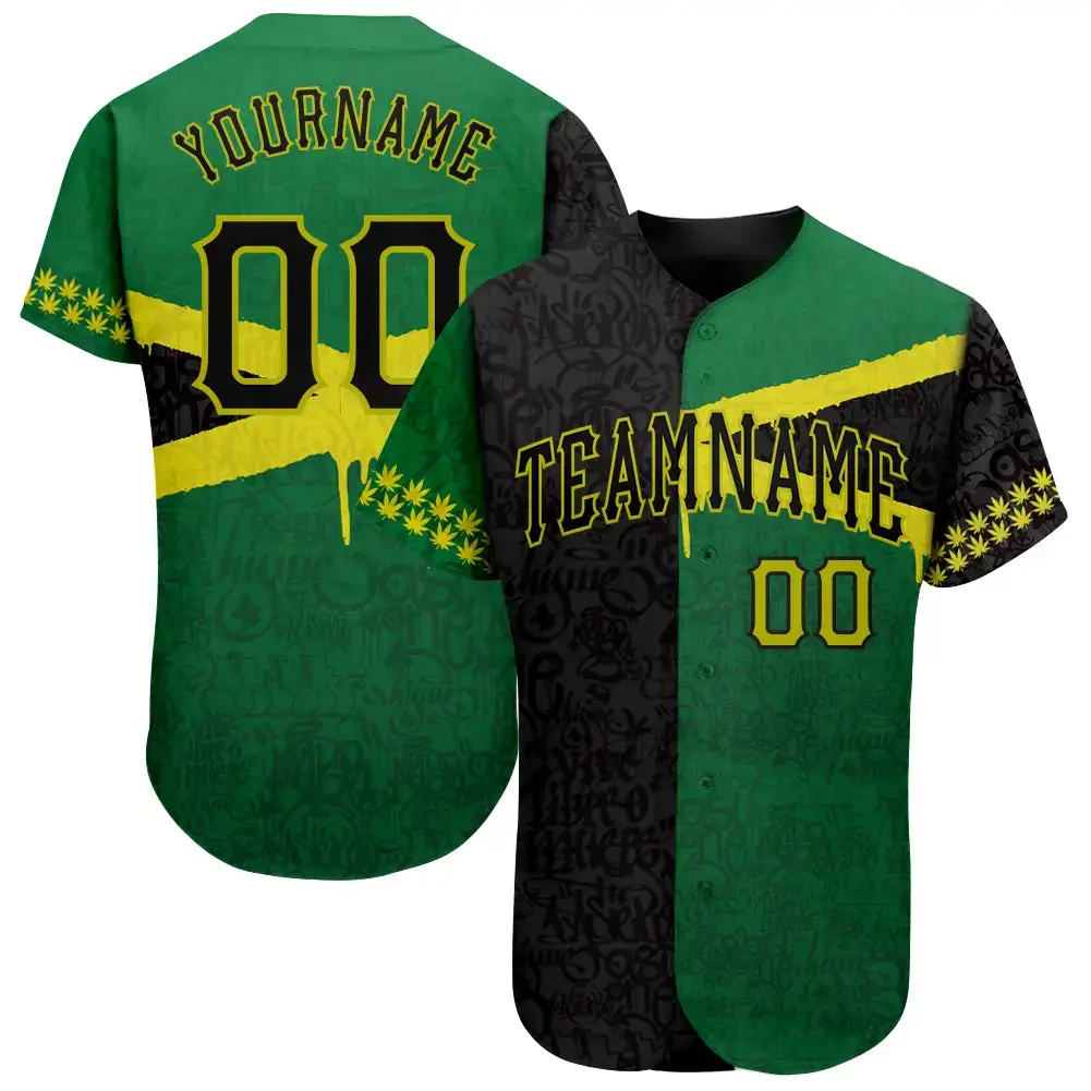Custom Graffiti Pattern Black-Green 3D Jamaica Authentic Baseball Jersey Image