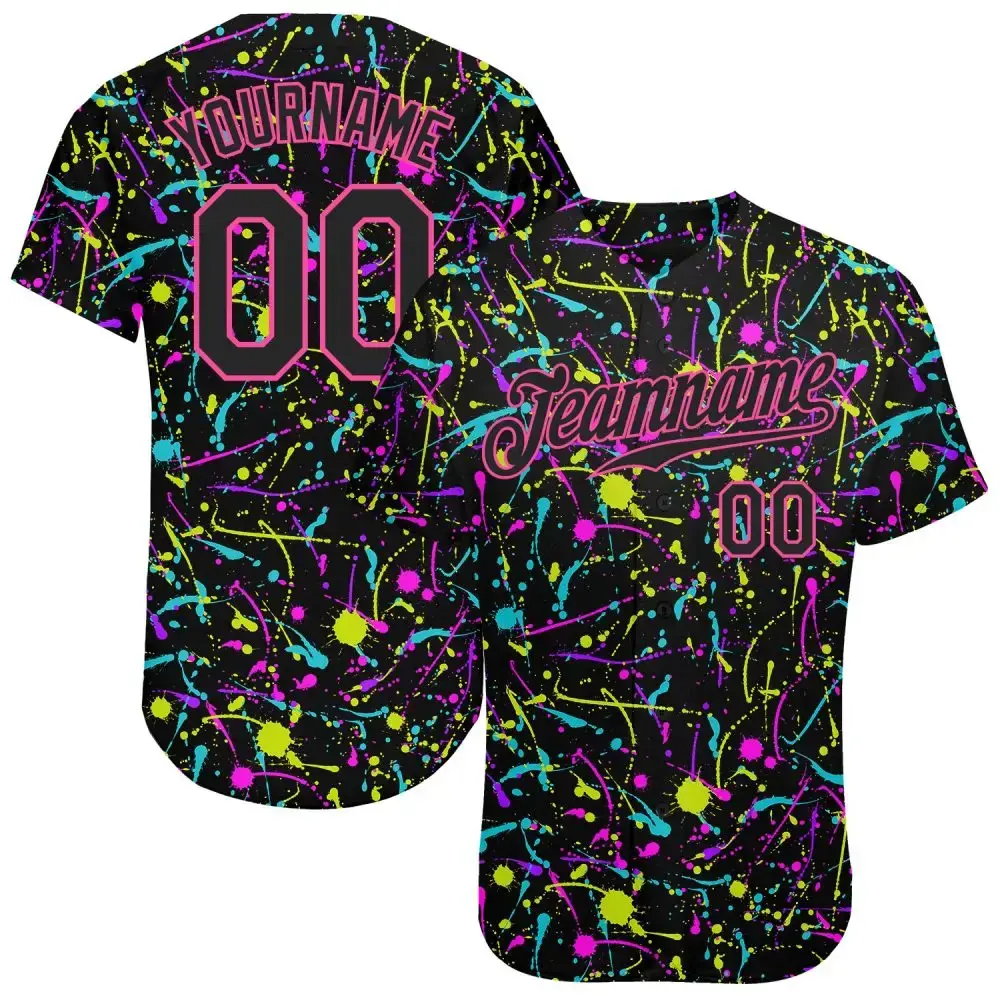 Custom Graffiti Pattern Black-Pink 3D Neon Splatter Authentic Baseball Jersey Image