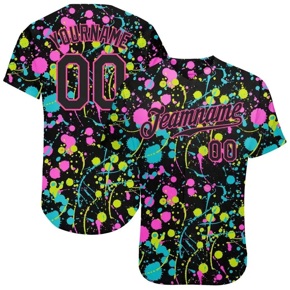 Custom Graffiti Pattern Black-Pink 3D Neon Splatter Authentic Baseball Jersey Image