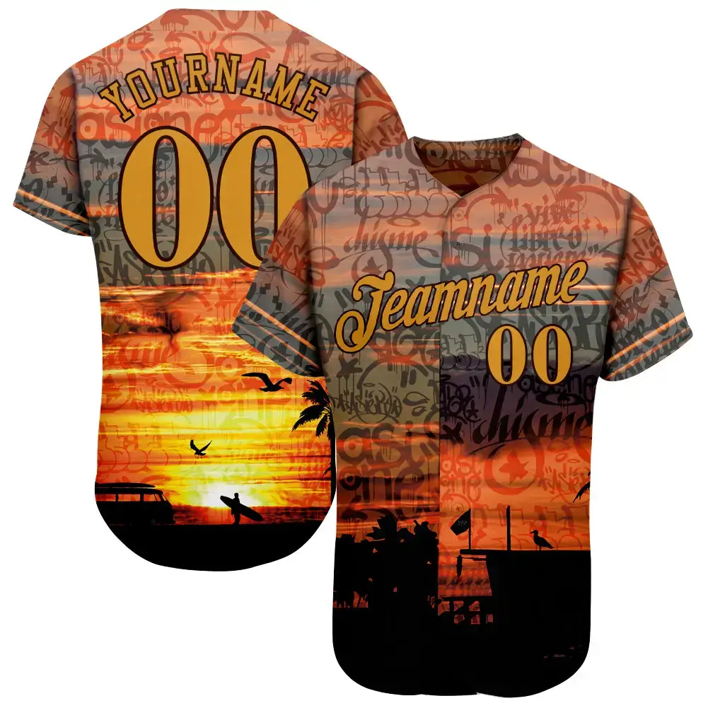Custom Graffiti Pattern Gold-Brown 3D Beach Authentic Baseball Jersey Image