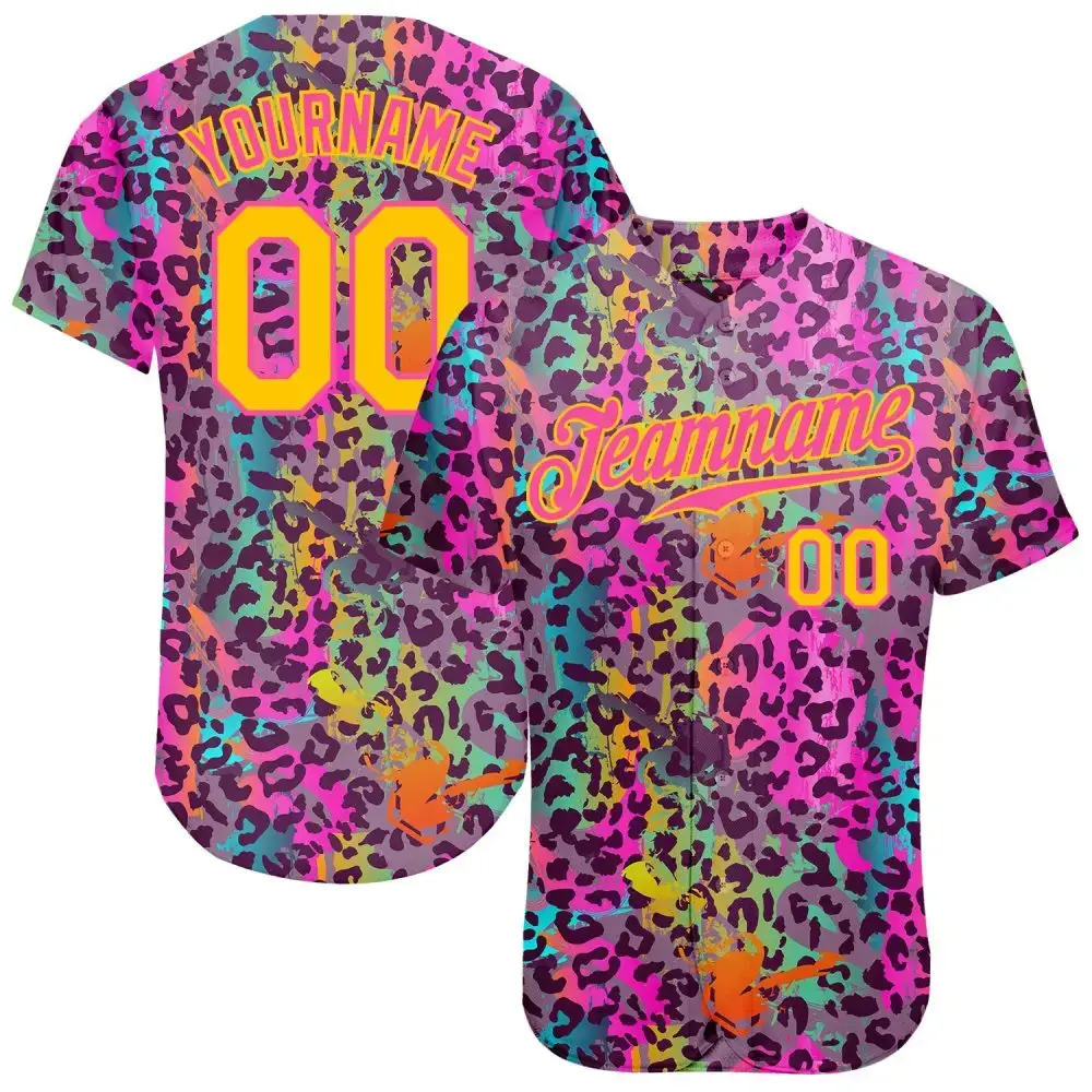 Custom Graffiti Pattern Gold-Pink 3D Colorful Leopard Authentic Baseball Jersey Image