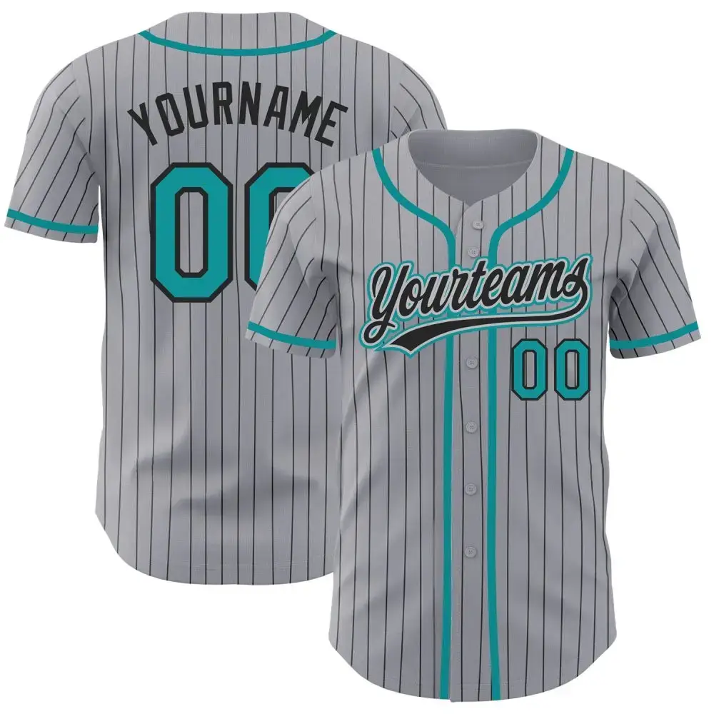 Custom Gray Black Pinstripe Teal Authentic Baseball Jersey Image