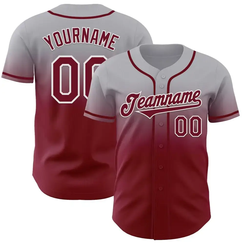 Custom Gray Crimson-White Authentic Fade Fashion Baseball Jersey Image