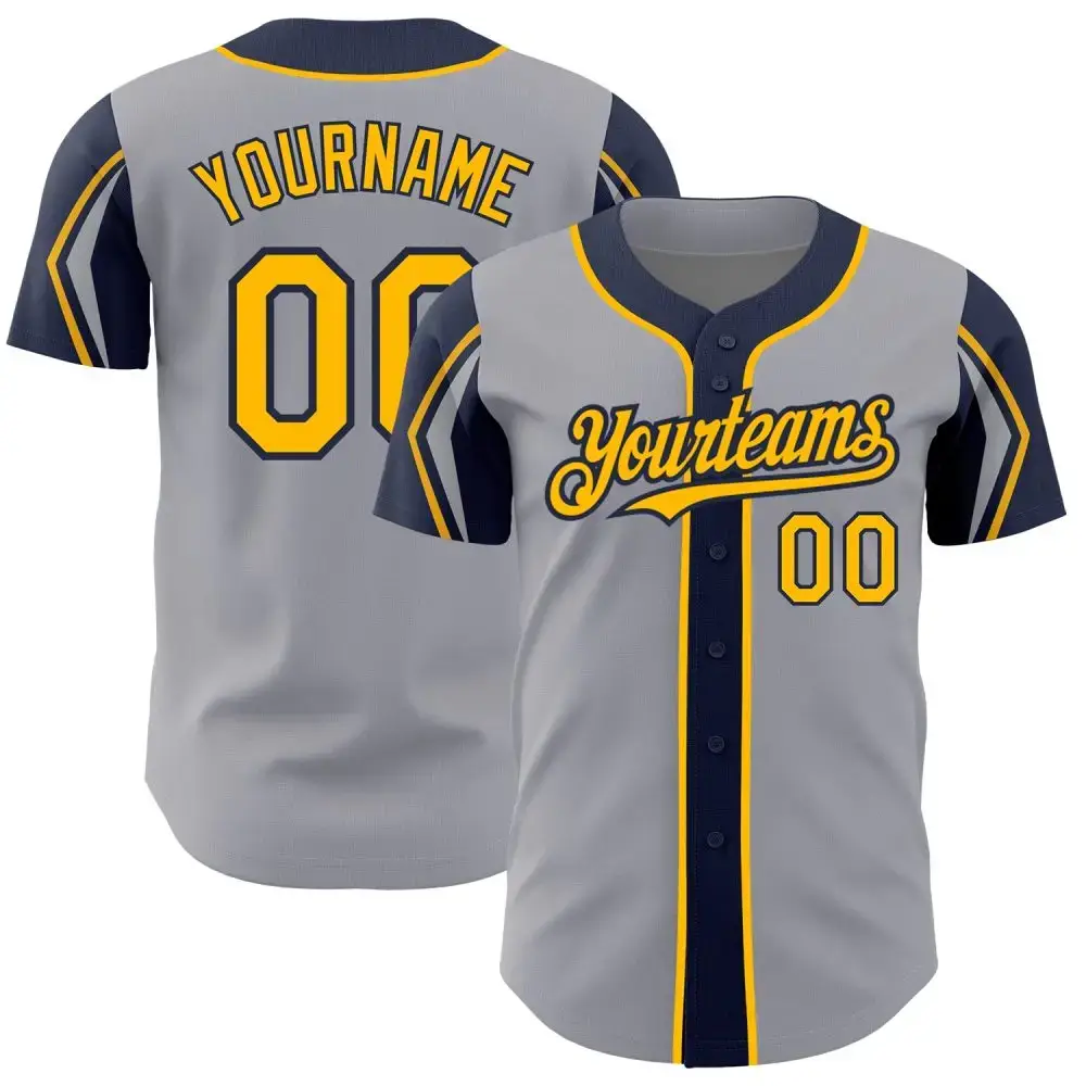 Custom Gray Gold-Navy 3 Colors Arm Shapes Authentic Baseball Jersey Image
