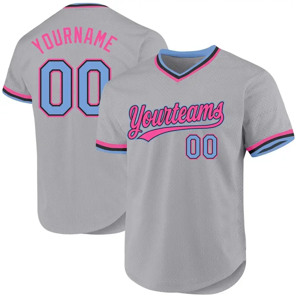 Custom Gray Light Blue Black-Pink Authentic Throwback Baseball Jersey Image