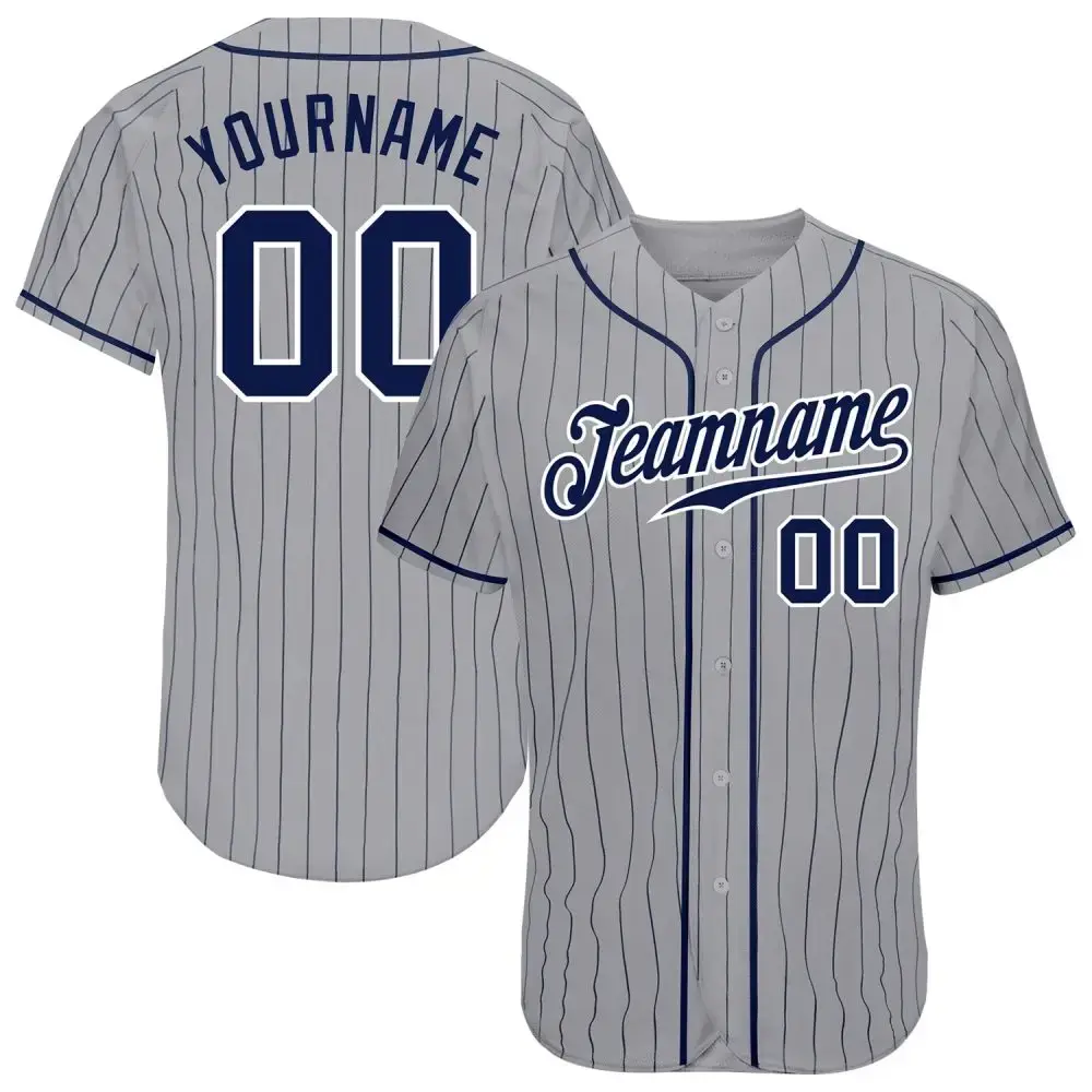 Custom Gray Navy Pinstripe Navy-White Authentic Baseball Jersey Image