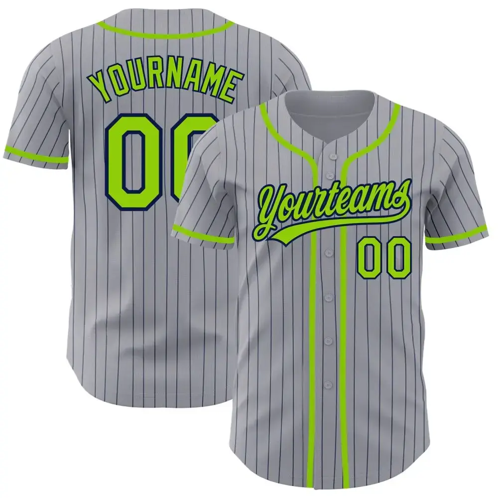 Custom Gray Navy Pinstripe Neon Green Authentic Baseball Jersey Image
