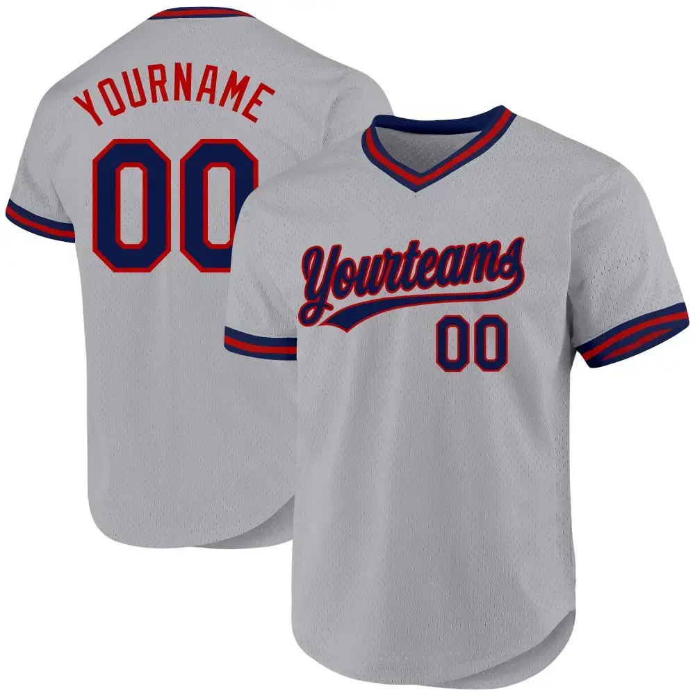 Custom Gray Navy-Red Authentic Throwback Baseball Jersey Image