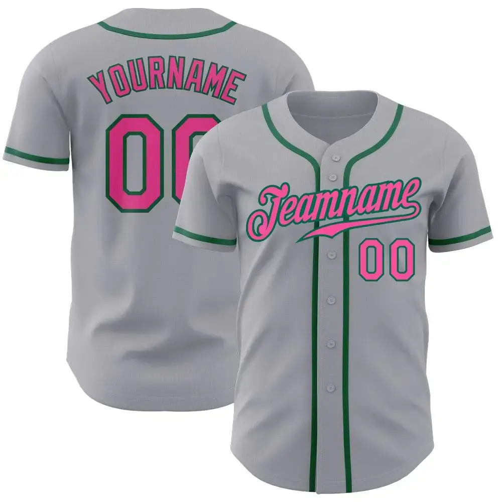 Custom Gray Pink-Kelly Green Authentic Baseball Jersey Image