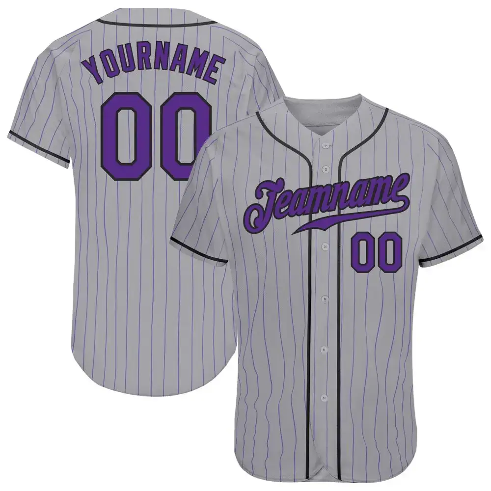 Custom Gray Purple Pinstripe Purple-Black Authentic Baseball Jersey Image