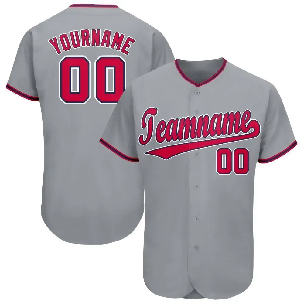 Custom Gray Red-Navy Baseball Jersey Image