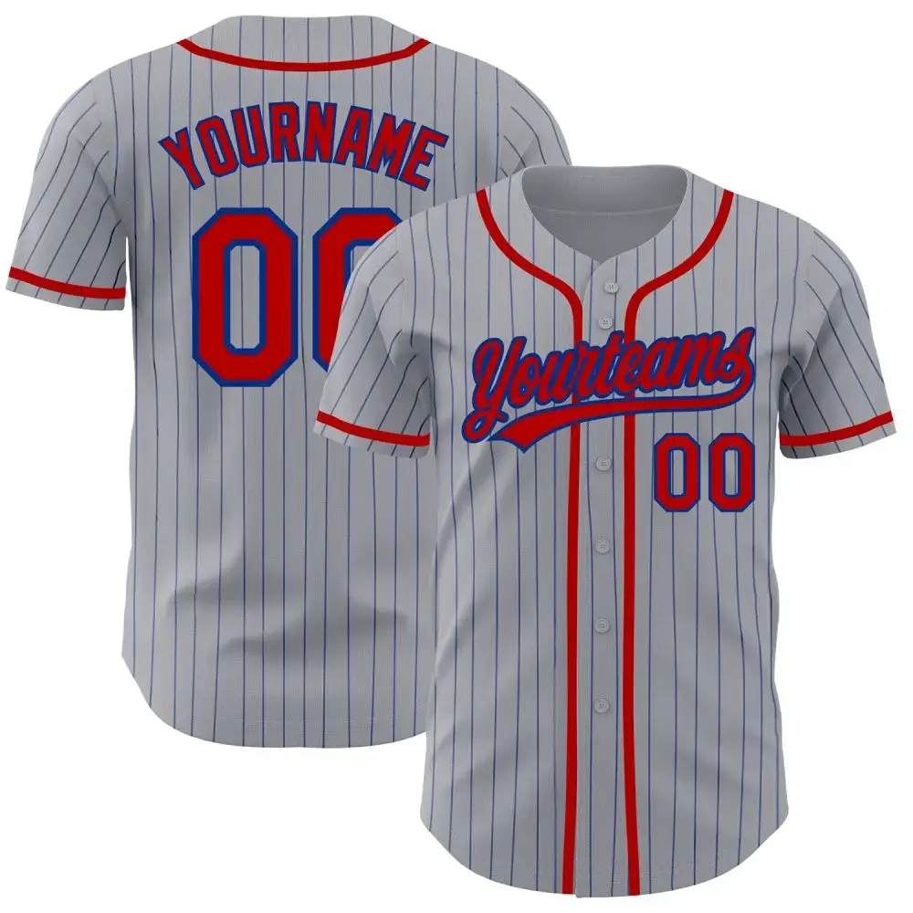 Custom Gray Royal Pinstripe Red Authentic Baseball Jersey Image