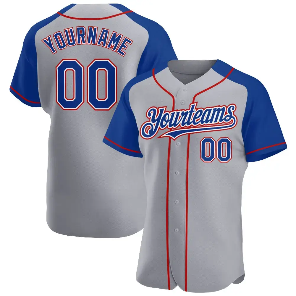 Custom Gray Royal-Red Authentic Raglan Sleeves Baseball Jersey Image