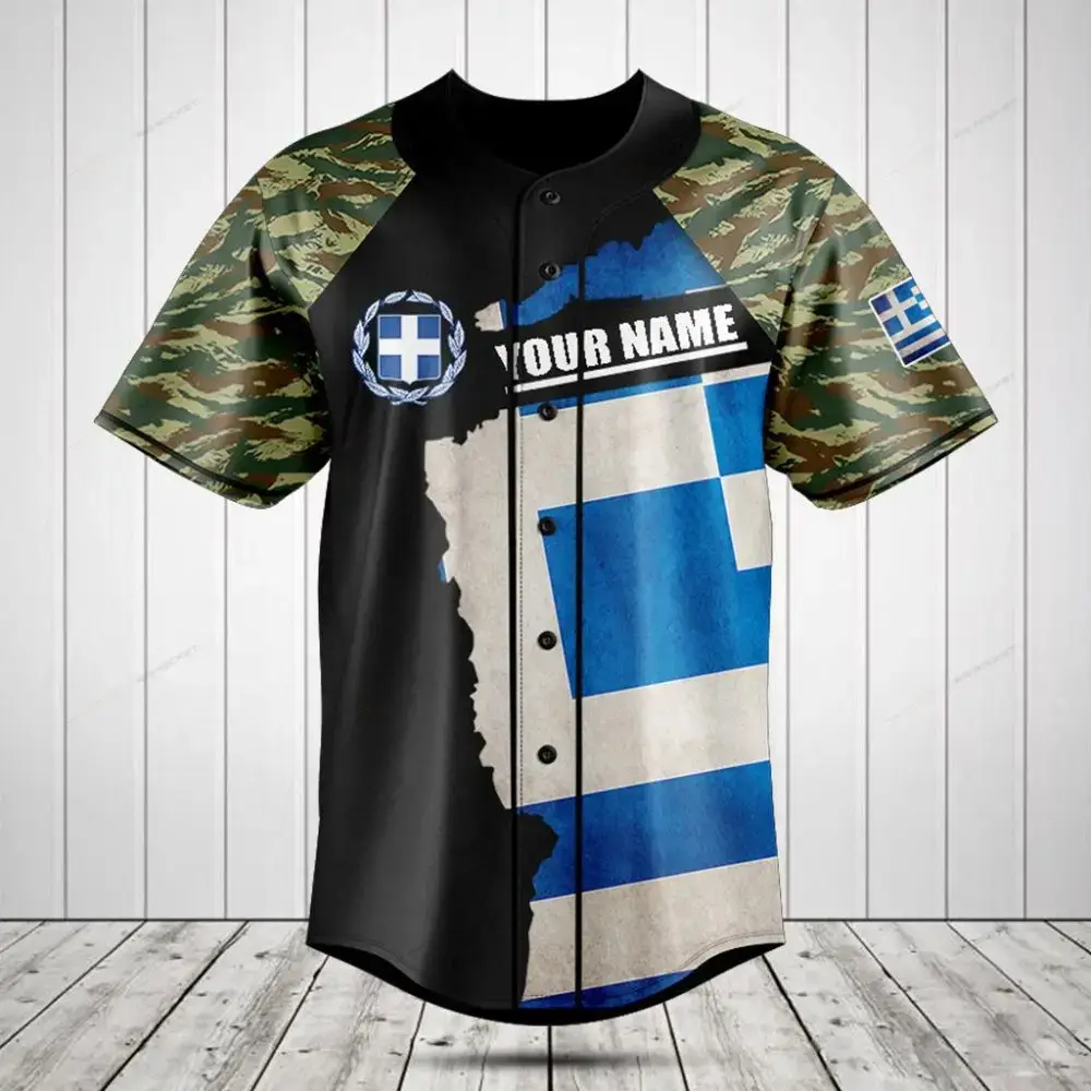 Custom Greek Flag Baseball Jersey – Personalized Name & Camo Sleeves – Unique Gift Idea Image