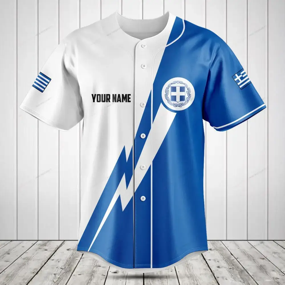 Custom Greek Flag Baseball Jersey – Personalized Name & Number, Blue And White Design Image