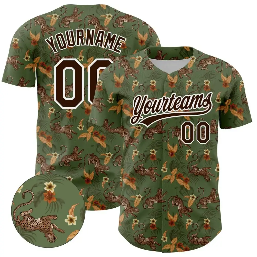 Custom Green Brown-White 3D Pattern Design Animal Leopard And Hawaii Palm Leaves Authentic Baseball Jersey Image