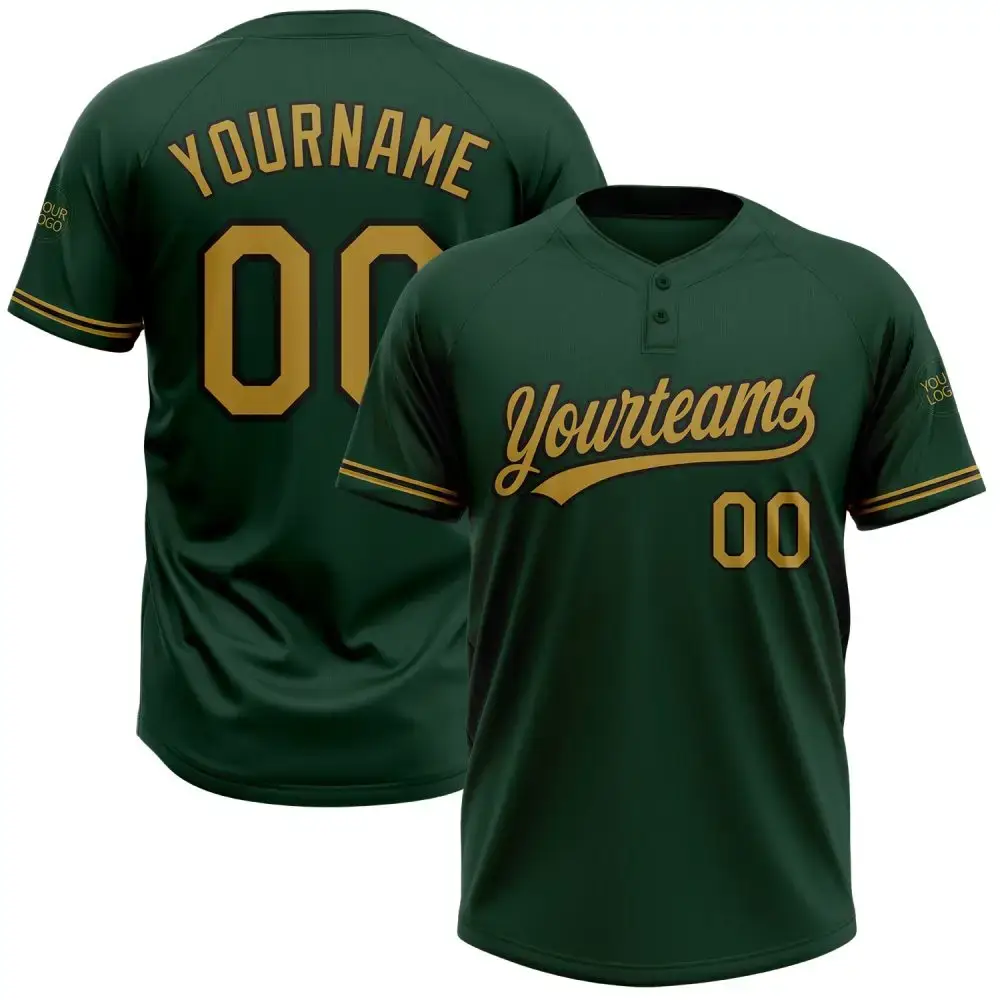 Custom Green Old Gold-Black Two-Button Unisex Softball Jersey Image