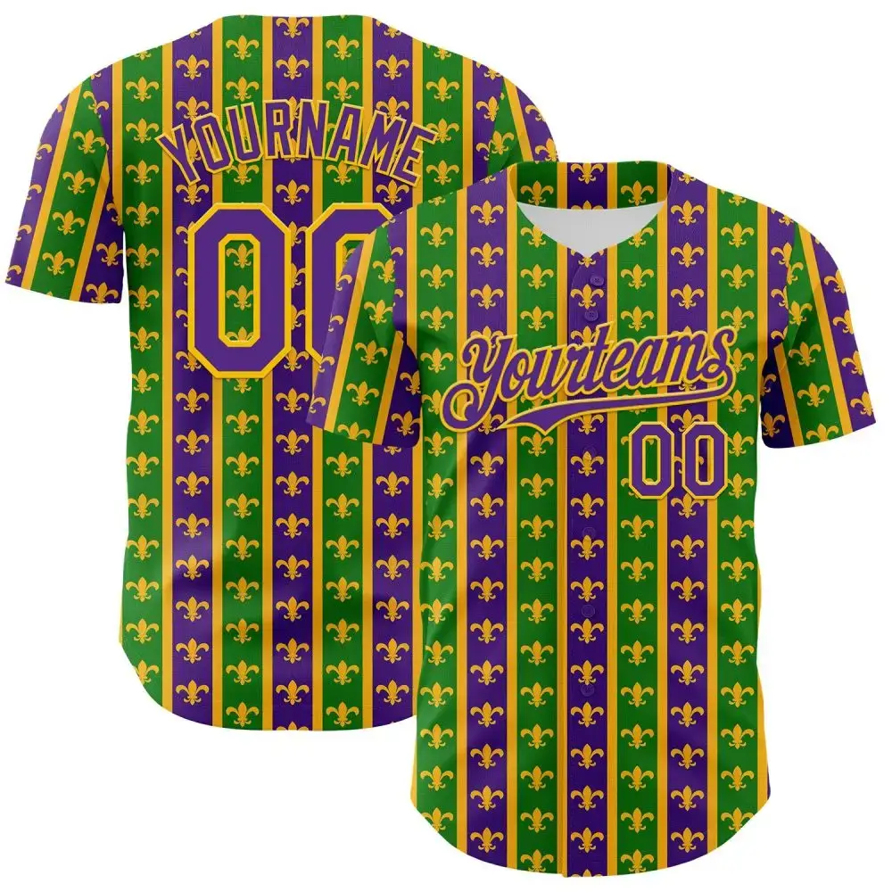 Custom Green Purple-Gold 3D Pattern Design Mardi Gras Shrove Tuesday Authentic Baseball Jersey Image