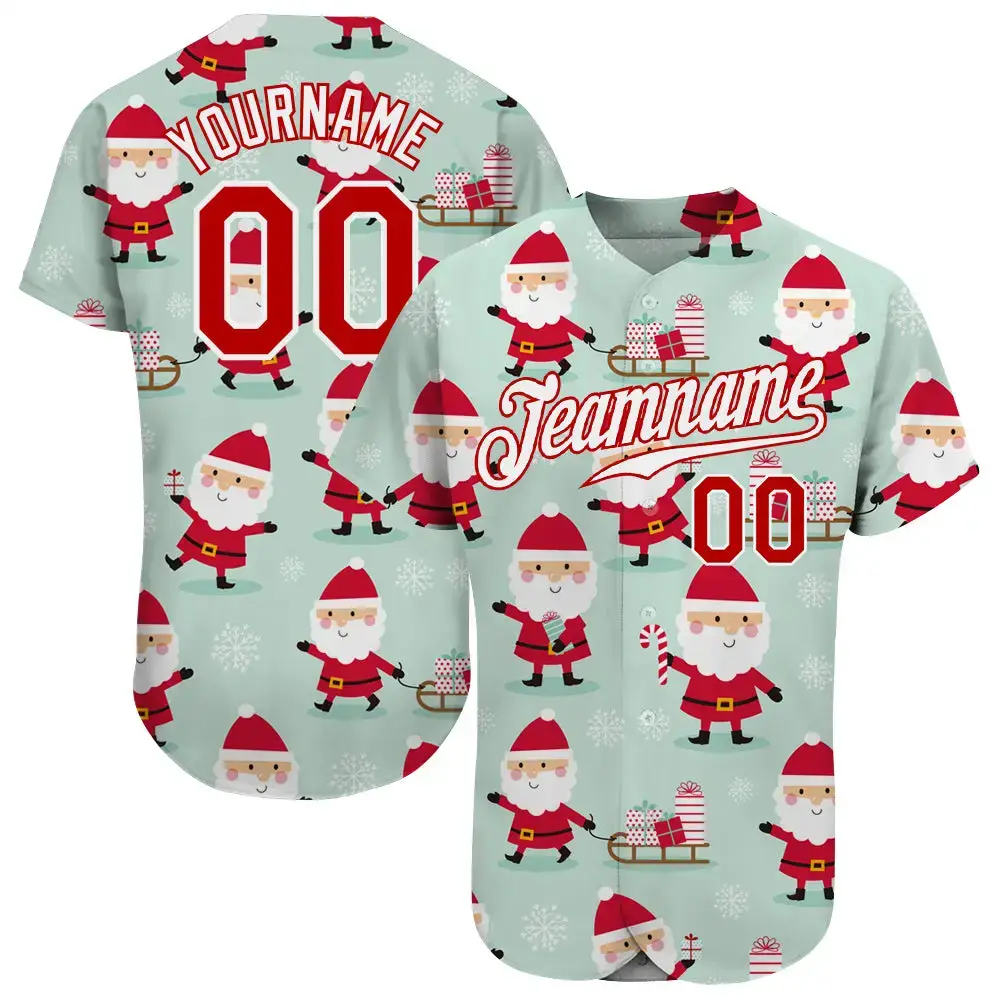 Custom Green Red-White Christmas 3D Authentic Baseball Jersey Image