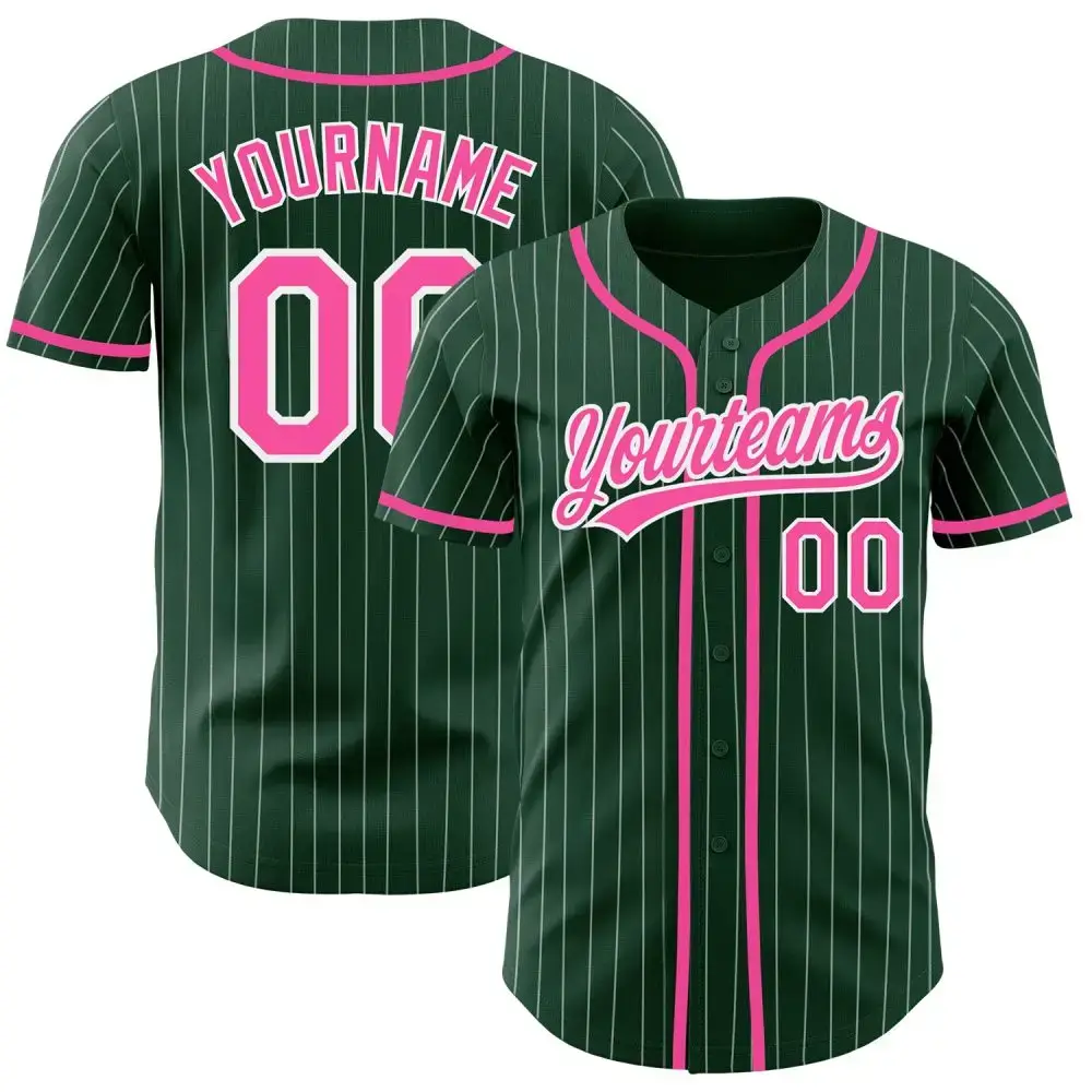 Custom Green White Pinstripe Pink Authentic Baseball Jersey Image