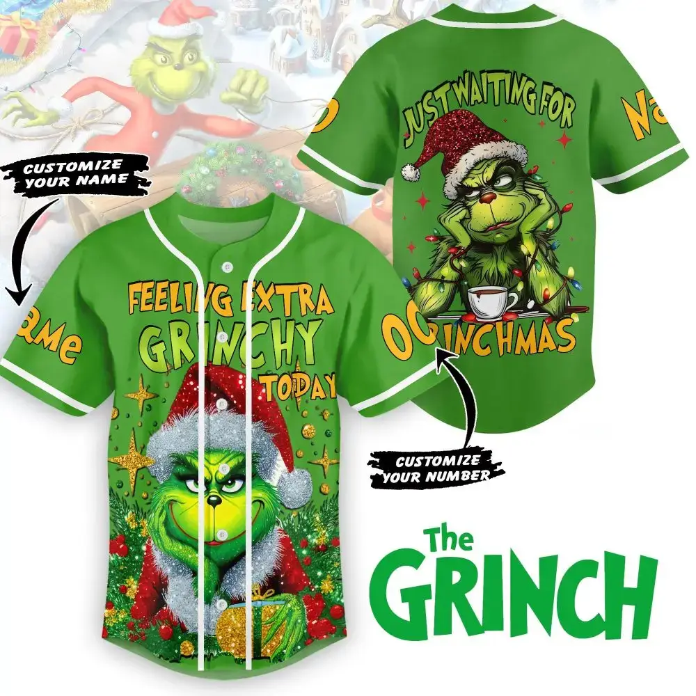Custom Grinch Christmas Baseball Jersey - Personalized Name & Number - Festive Holiday Fun! Image