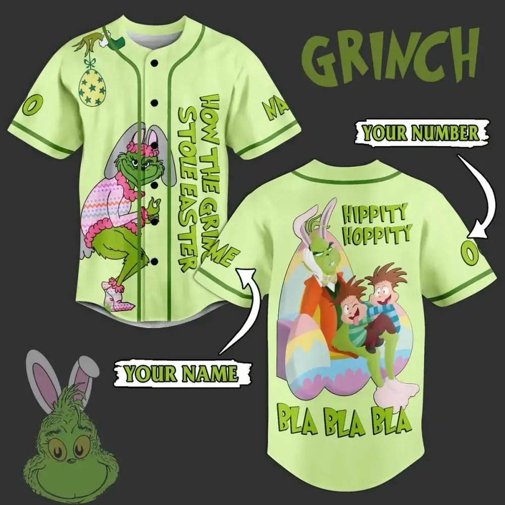 Custom Grinch Easter Baseball Jersey - Personalized Name & Number, Fun Holiday Gift! Image