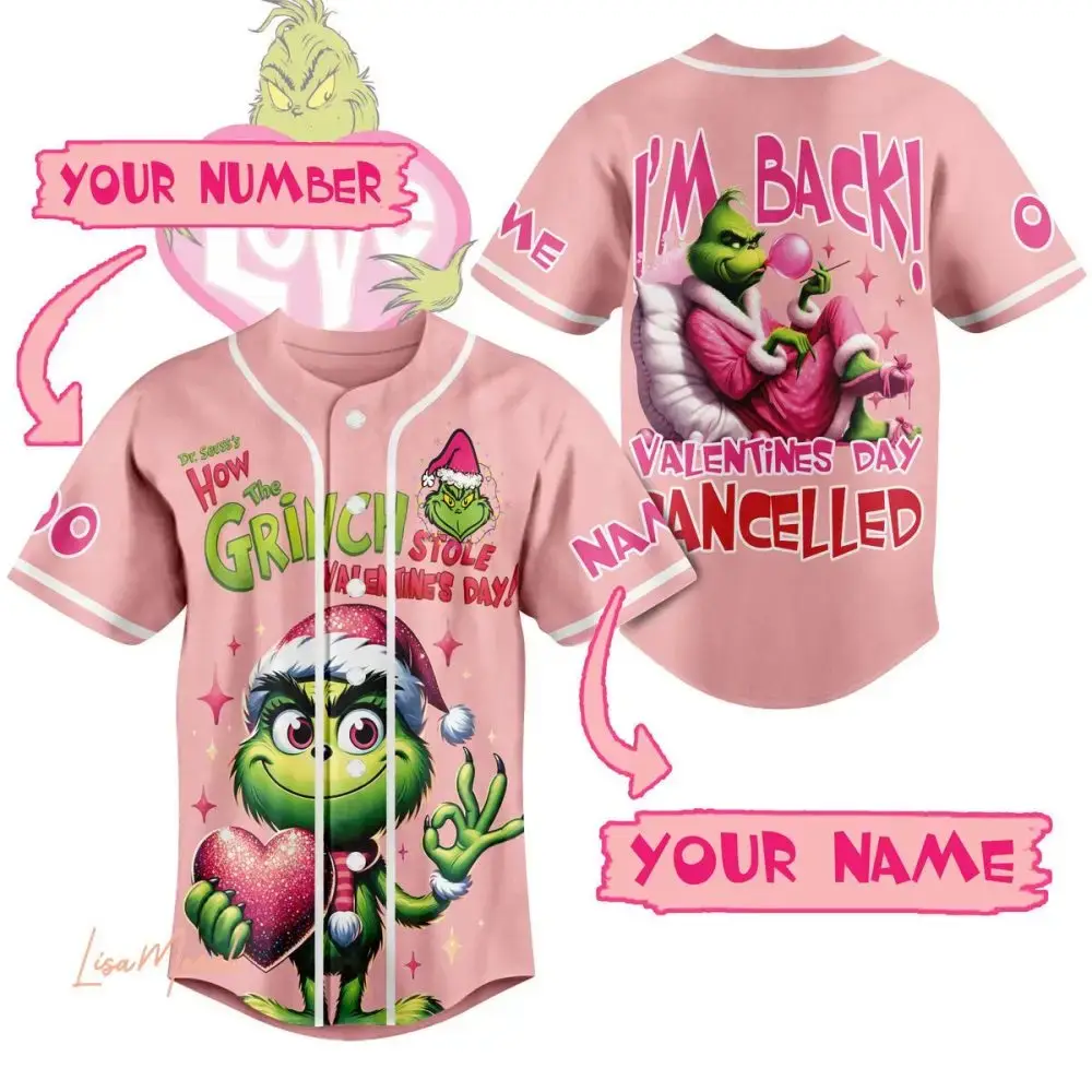 Custom Grinch Valentine'S Day Baseball Jersey - Funny Pink Shirt For Holiday Fun! Image