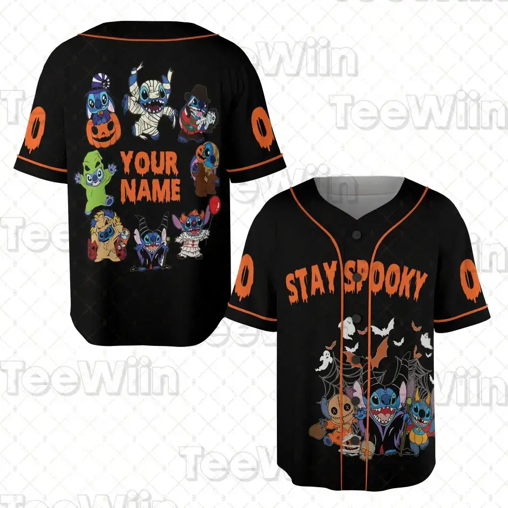 Custom Halloween 'Stay Spooky' Baseball Jersey – Personalized Name, Fun Cartoon Characters Image