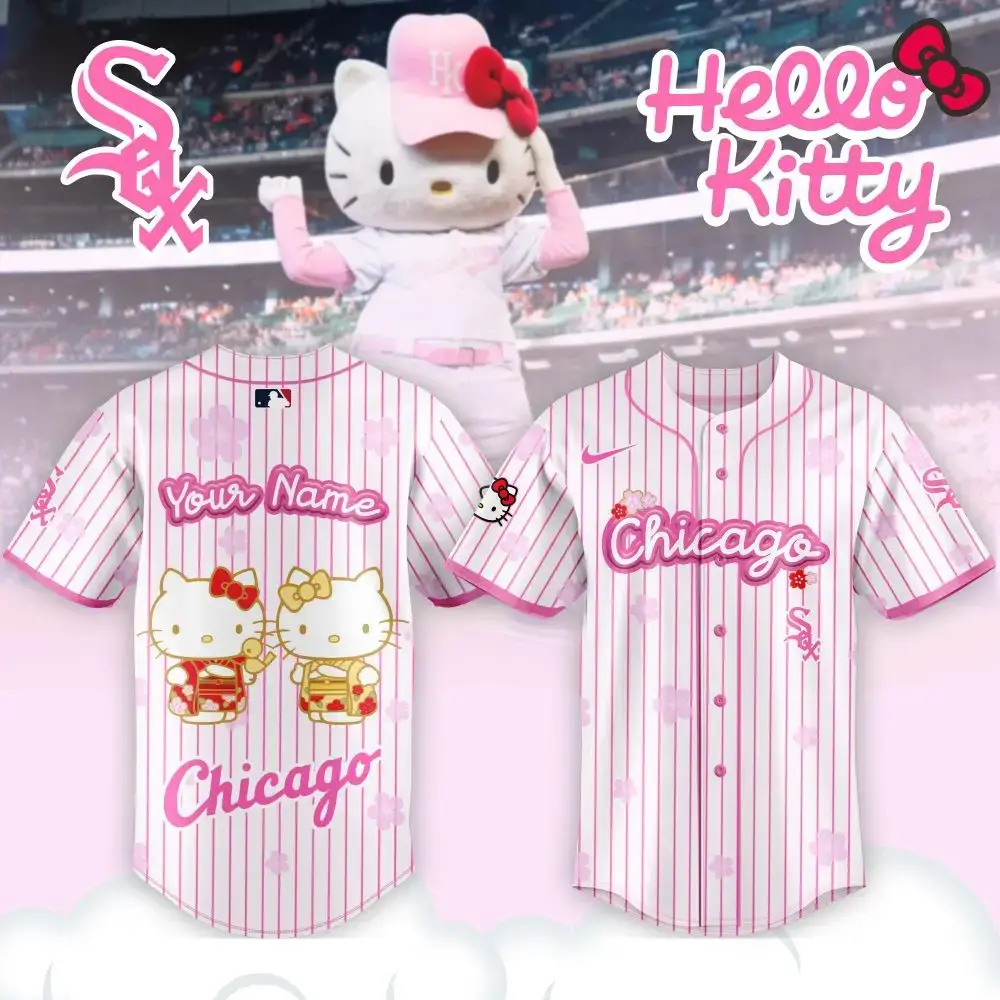 Custom Hello Kitty Chicago Baseball Jersey – Cute Pink Stripes & Personalization Image