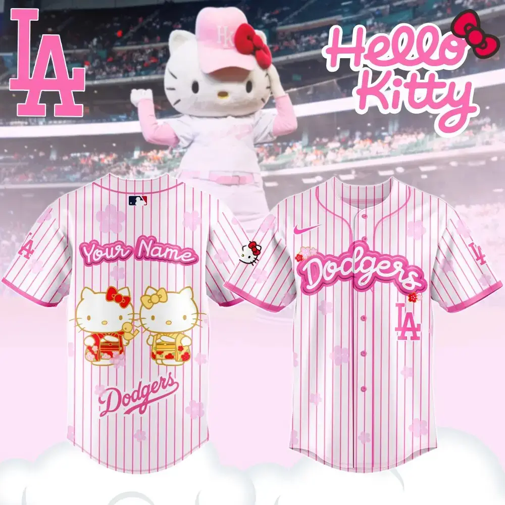 Custom Hello Kitty Dodgers Jersey - Personalized Mlb Pink Striped Fan Gear Image