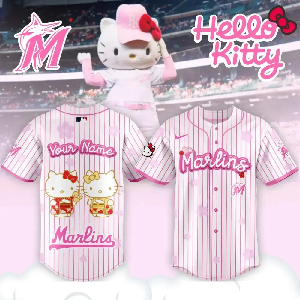 Custom Hello Kitty Marlins Jersey - Personalize Your Own Cute Pink Baseball Shirt Image