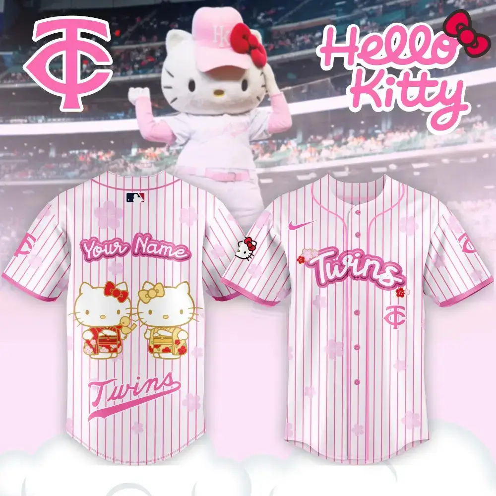 Custom Hello Kitty Twins Baseball Jersey - Cute Pink Stripes & Personalization Image