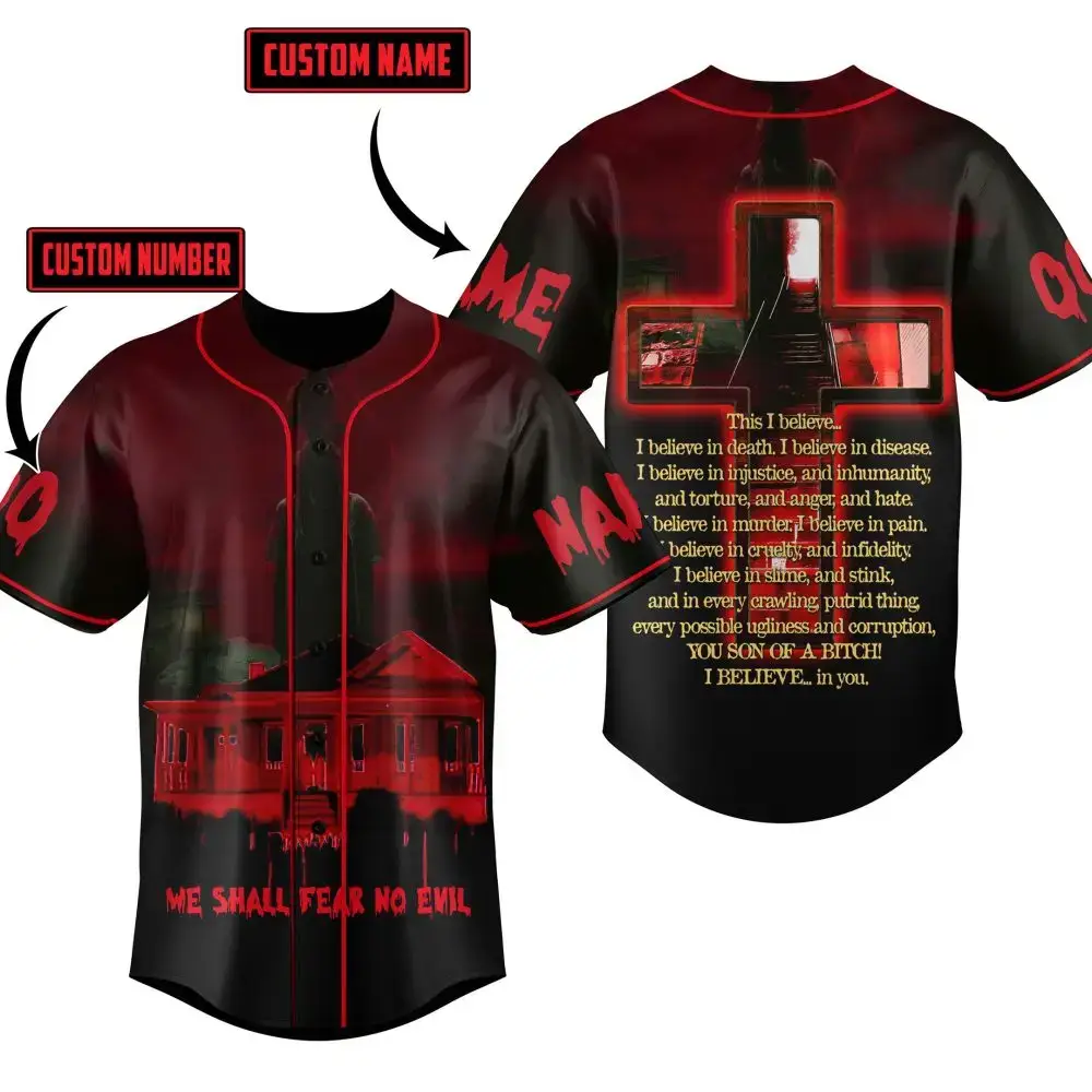 Custom Horror-Themed Baseball Jersey - Personalized Name & Number - Bold Red & Black Design Image