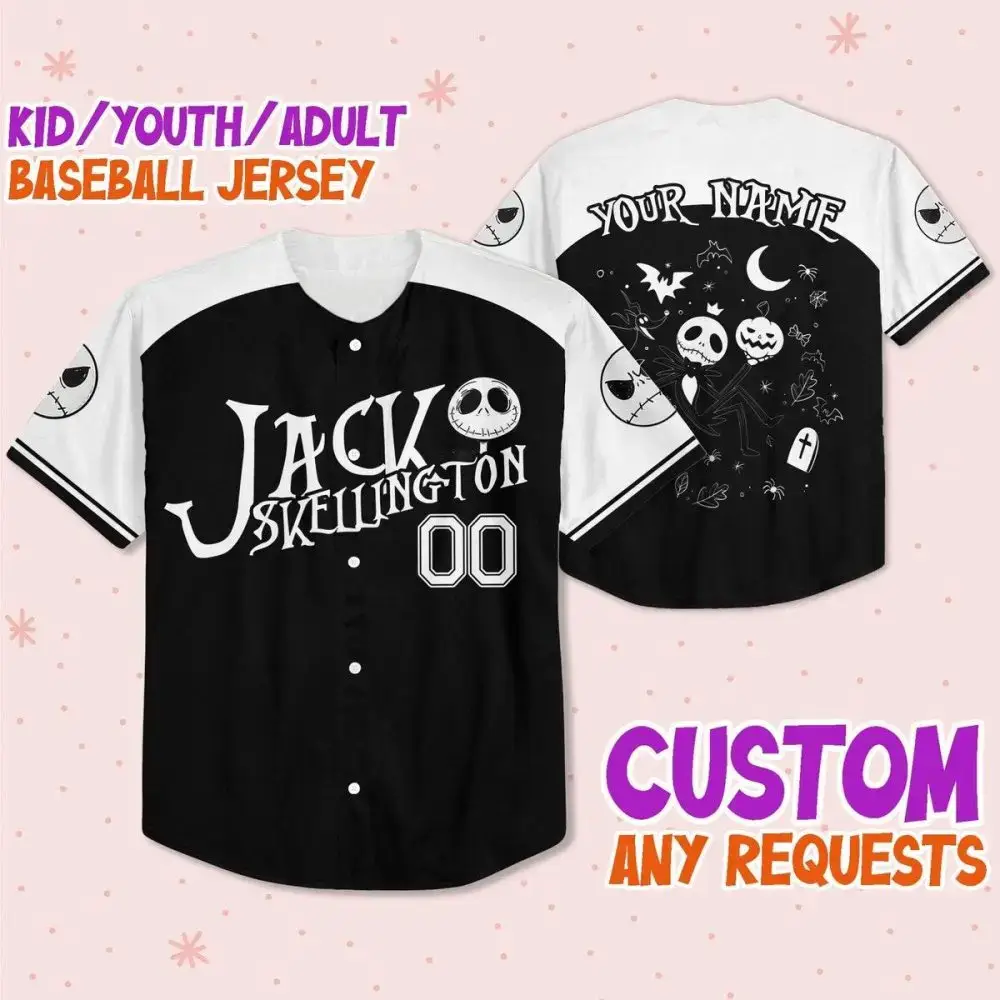 Custom Jack Skellington Baseball Jersey - Kids/Youth/Adult Sizes - Personalize Your Name! Image